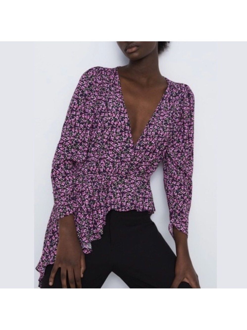 Zara Floral Wrap Front Asymmetrical Hem Peplum Long Sleeve V-Neck Blouse Top